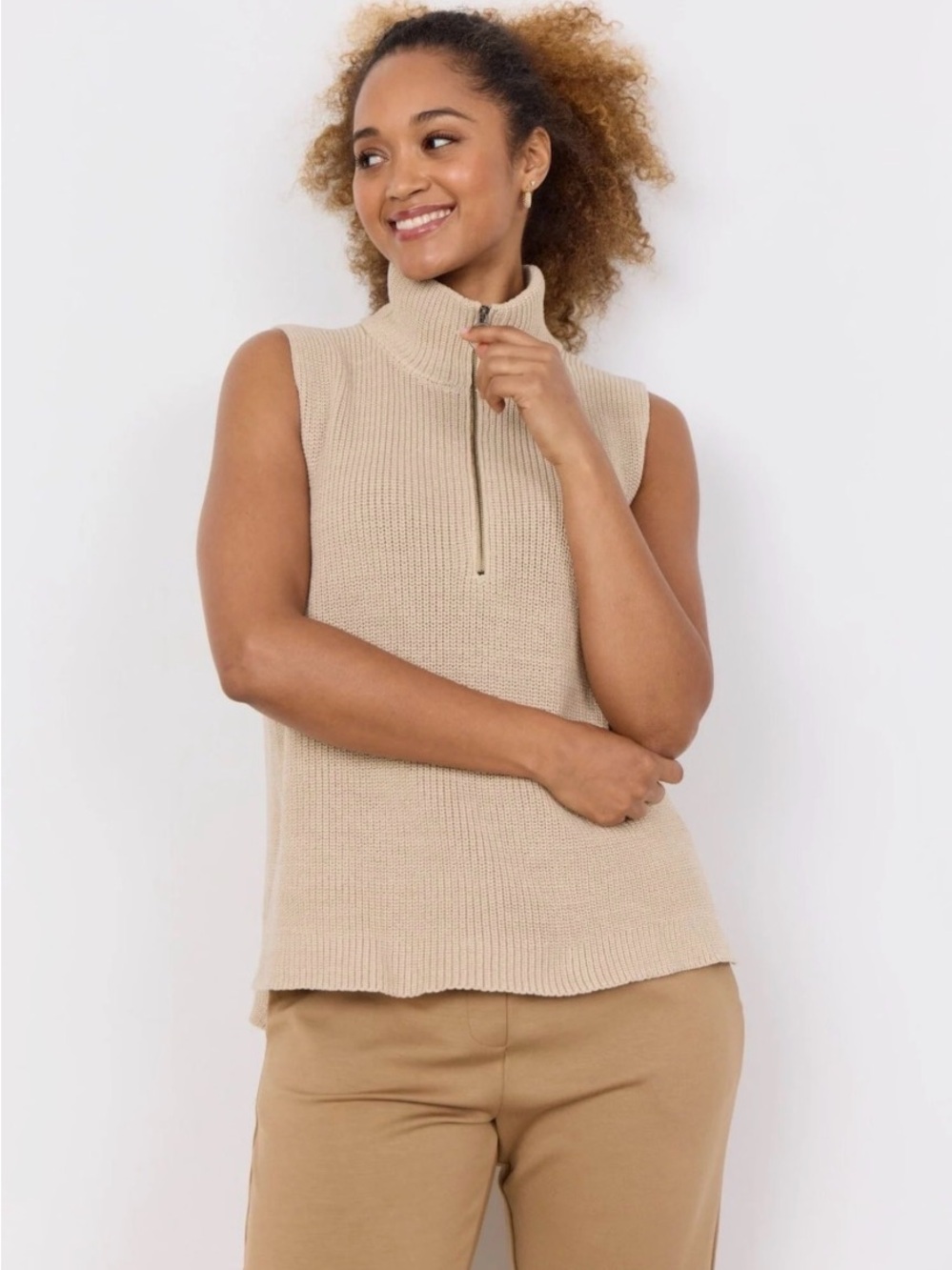 Sleeveless Half-Zip Knit Sweater Vest in Beige
